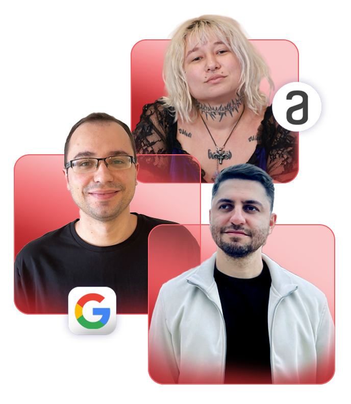 Imagem dos instrutores da Imersão Cloud DevOps da Alura com o Google Cloud, apresentando, da direira para a esquerda, de cima para baixo Camilla Martins, Gustavo Lapa e Guilherme Lima. Eles estão em frente a um fundo vermelho com elementos gráficos do Google e da Alura, cada um vestindo camisas casuais e sorrindo para a câmera.