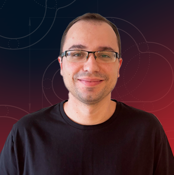 Foto de Gustavo Lapa, Instrutora de Cloud Customer Engineer no Google. Gustavo está com uma camiseta preta e o fundo é um gradiente vermelho.
