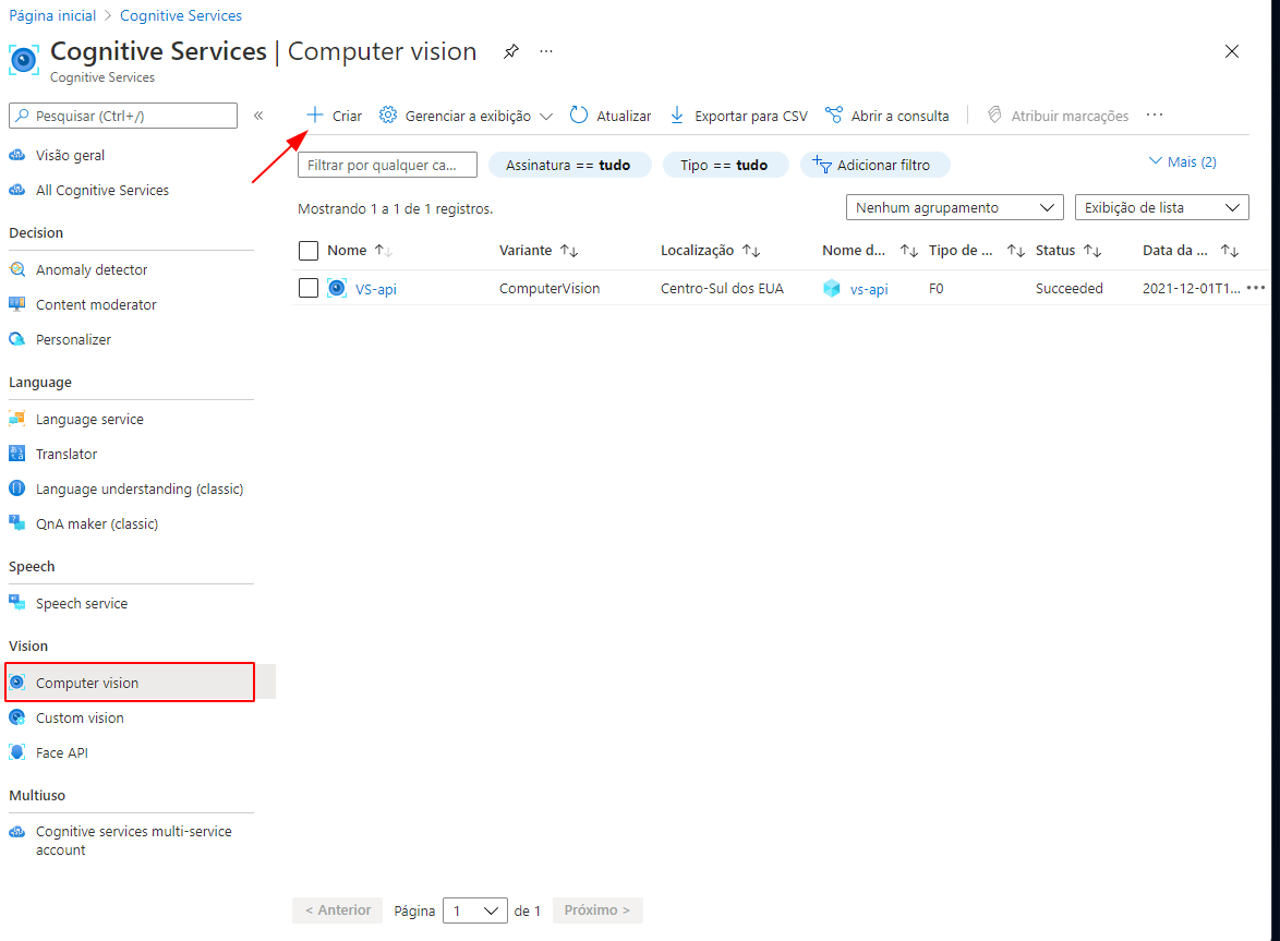 Página de Visão Computacional do Serviços do Azure com uma seta vermelha apontando para a opção Criar