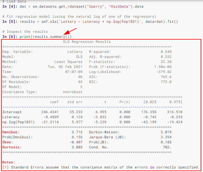 Imagem da utilização da biblioteca statsmodels com uma seta vermelha apontando para o método summary() e um quadrado vermelho mostrando como esses dados são exibidos na tela.