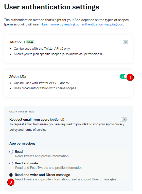 Página de configuração da autenticação do usuário com destaque na ativação do OAuth 1.0a e na permissão de Read and write and direct message
