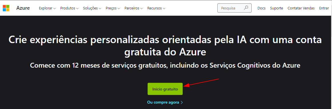 Página da Azure Cognitive Services com uma seta vermelha apontando para a opção Início gratuito