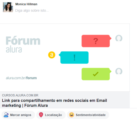 Screenshot da tela de compartilhamento do facebook com uma prévia do tópico do fórum "Link para compartilhamento em redes sociais em email marketing"