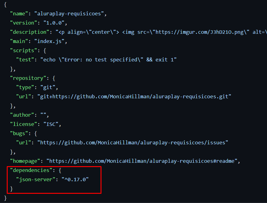 Código do arquivo package.json destacando a linha 20 onde está escrito dependencias, e dentro dela o json-server na versão 0.17.0