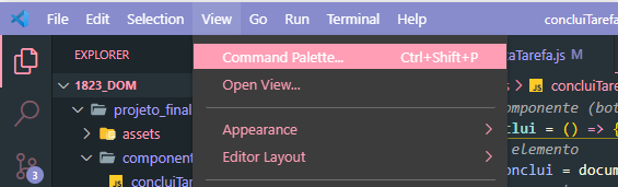 Demonstração de como abrir o Command Palette