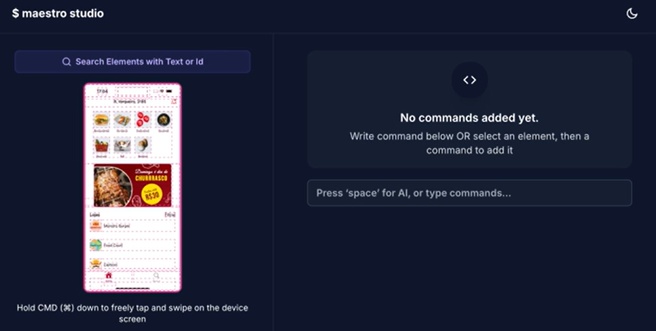 Interface de usuário de um software com duas áreas principais divididas horizontalmente. À esquerda, há uma simulação de tela de celular exibindo uma lista de itens de um aplicativo de entrega de comida com imagens de pratos, ofertas e lojas. À direita, um painel escuro com instruções dizendo "No commands added yet. Write command below OR select an element, then a command to add it" com um campo de entrada abaixo para digitar comandos. Abaixo desse campo, há uma sugestão para pressionar espaço para IA ou digitar comandos.