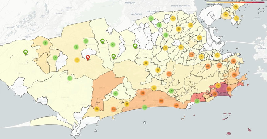 Mapa Coroplético do RJ. O mapa é composto pelo contorno da cidade do Rio de Janeiro com cores diferentes para cada bairro, baseado na média do preço de venda dos imóveis.