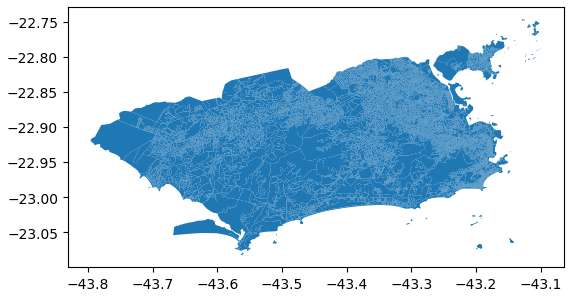Mapa da latitude e longitude do estado do Rio de Janeiro. O eixo x é graduado de -43.8 a -43.1 em intervalos de -0.5. O eixo y é graduado de  -22.75 a -23.05 em intervalos de -0.5. O mapa é composto pelo mapa do estado do Rio de Janeiro contornado em branco e preenchido em azul.