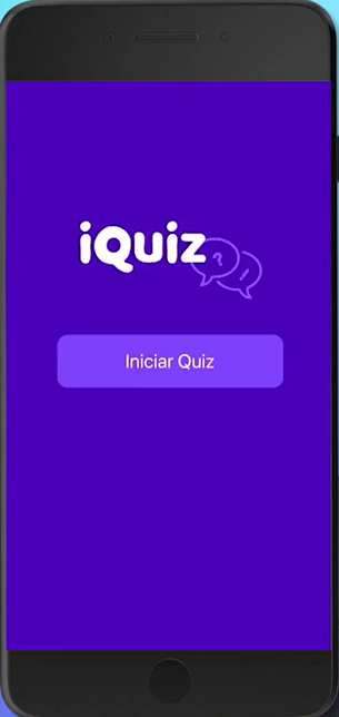 Tela inicial de aplicativo. A tela está preenchida com o fundo na cor roxa e mais acima da parte central dela, há a imagem do iQuiz com um botão "Iniciar Quiz", abaixo.