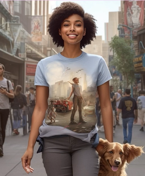 Imagem representativa da Ana. Ela é uma mulher negra, com cabelos curtos, vestindo uma camiseta e está caminhando em uma paisagem urbana com seu cachorro.