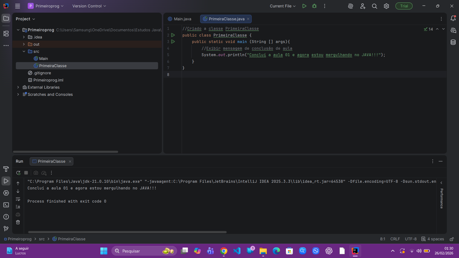 Este foi meu código para exibir a mensagem de conclusão de aula e também o resultado em JAVA.