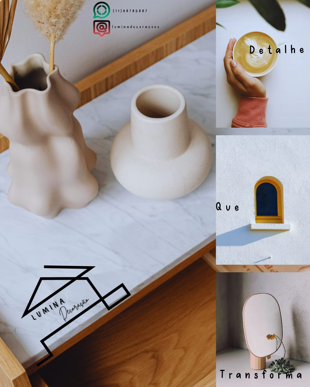 Imagem com fundo branco e detalhes em tons terrosos, um pouco de verde nas plantas no canto da pagina e um icone do whatsapp e do instagram mais minimalista, acompanhando o telefone e o arroba do instagram do cliente 