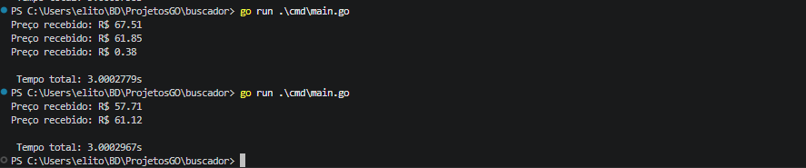 Print do terminal mostrando casos em que estão sendo impressos 3 e 2 preços