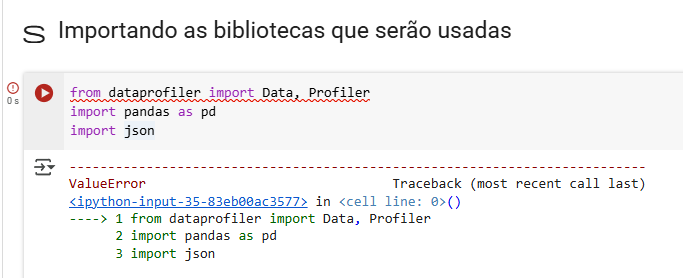 Imagem copiada da aula na parte de importando as bibliotecas que serão usadas, mas que está dando a mensagem de ValueError 