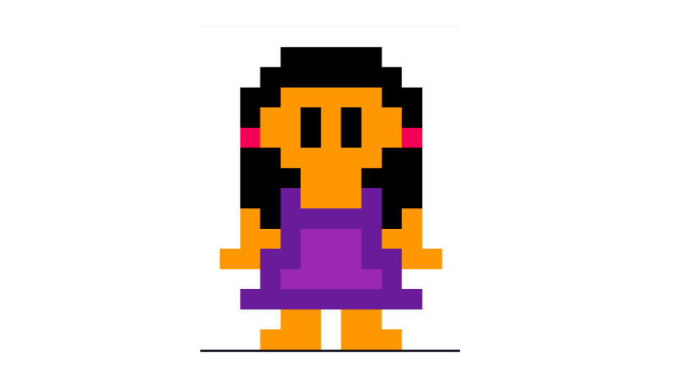 pixel art menina amarela com vestido roxo e cabelos pretos