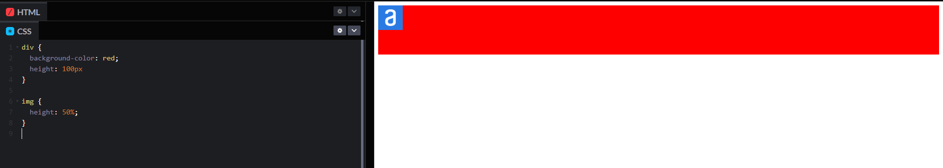 a esquerda mostra o código CSS especificando um background: red e uma height: 100px na tag div e também na tag img, há uma heigh:50% sendo aplicada. Na direita mostra a tela com a div em vermelho ocupando 100px, a imagem dentro da div ocupando metade da altura da div