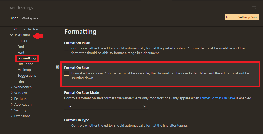 mostra as configurações abertas com um menu lateral que mostra na primeira linha o Text Editor, dentro do Text Editor na quarta linha tem a opção Formatting e ao lado direito desse menu há um bloco sobre o Format on Save que pode ser habilitado ou desabilitado