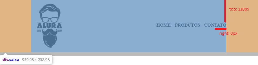 Em azul temos o elemento .caixa e a linha vertical representa o top:110px e a linha horizontal  o right: 0px aplicados no nav