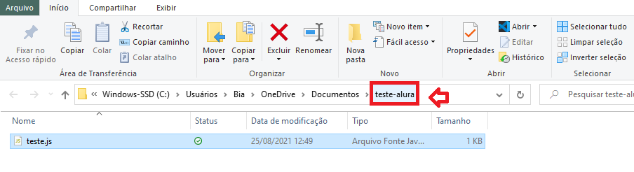 A imagem contém um print mostrando a pasta teste-alura no gerenciador de arquivos com o arquivo teste.js 