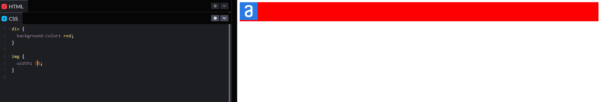 a esquerda mostra o código CSS especificando um background: red na tag div e na tag img uma width de 5%, na  direita mostra a tela com a div em vermelho, a imagem dentro da div ocupando os 5% que é referente a largura da tela