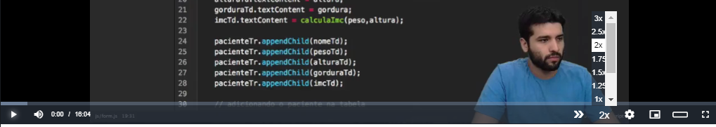 Na barra, temos o valor que se encontra a velocidade do vídeo, neste caso está em 2x e ao passar o mouse encima, é possível escolher a velocidade que você desejar