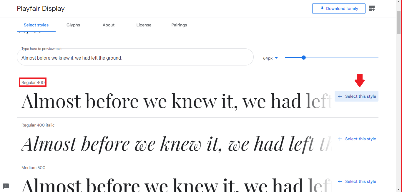 a imagem mostra os resultados da pesquisa e indica clicar no botão "selec this style" do regular 400 da fonte