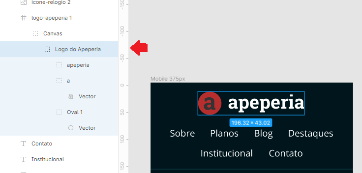 projeto do figma da apeperia, com o menu da esquerda aberto e clicado no elemento Logo do Apeperia