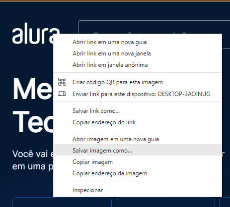 caixa de opção aberta após clicar no logotipo da alura, com a opção "salvar imagem como" destacada