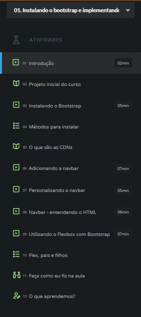 Imenu lateral da aula 1 do curso de bootstrap mostrando todas as atividades