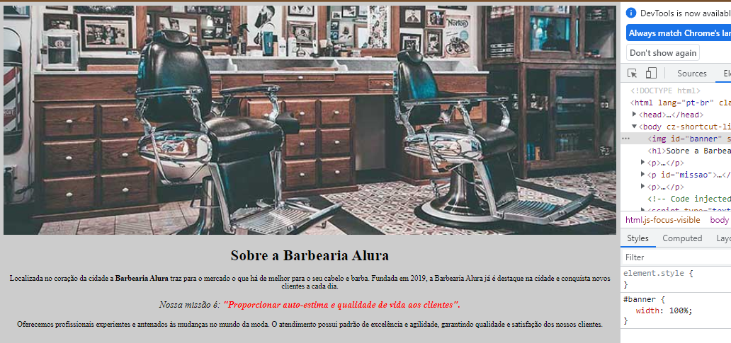 pagina barbearia alura com a imagem ocupando 70% da página