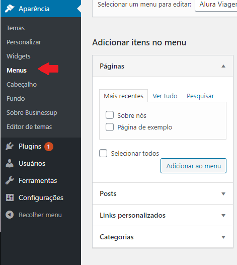 menu lateral do ambiente de desenvolvimento do worpress, destacando o submenu de Aparências que é denominado como Menus