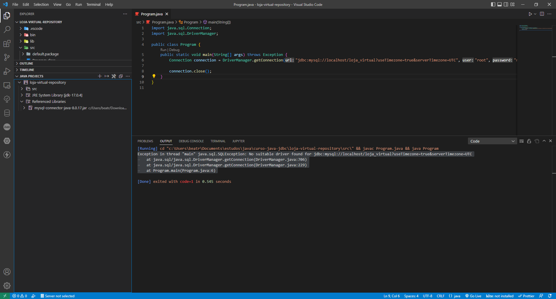 Tela do editor de código Visual Studio Code mostrando a estrutura do projeto Java junto ao código da aplicação e erro.