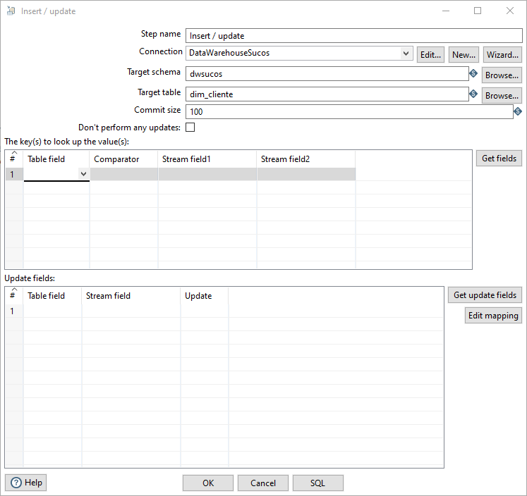 Print que mostra o menu dropdown das table fields em branco