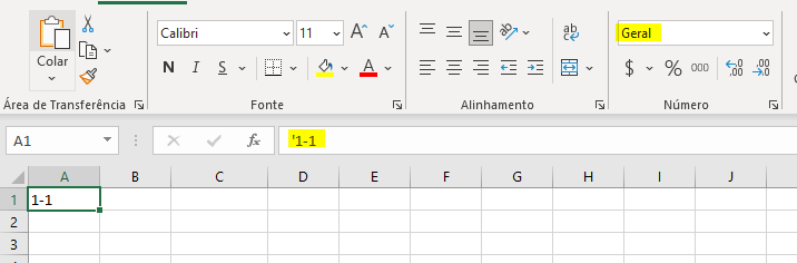 Captura de tela do excel com cinco a célula A1 selecionada exibindo o texto 1-1. E um marcador amarelo indicando que o contéudo da celúla na verdade é '1-1 e outra marcação em amarelo indicando que o formato da célula é geral.