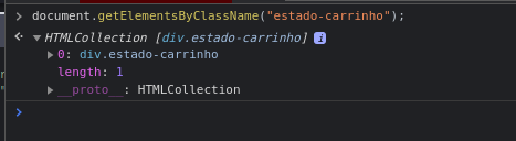 executando document.getElementsByClassName no console e vemos que retorna uma array de elementos de acordo com a classe que passamos