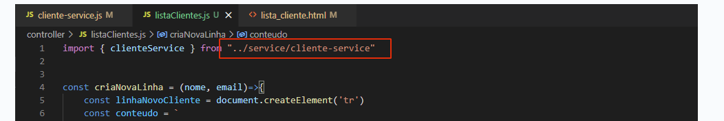 Mostrando a importação feita no arquivo listaClientes faltando a extensão ponto javascript