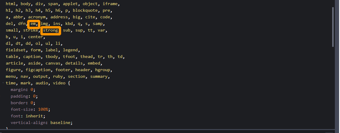 Tag em e strong se encontram no código do reset css