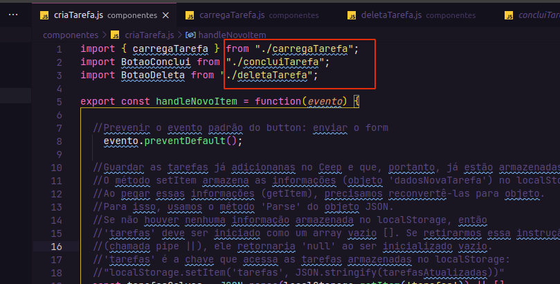 Mostrando que falta a extensão js nas importações
