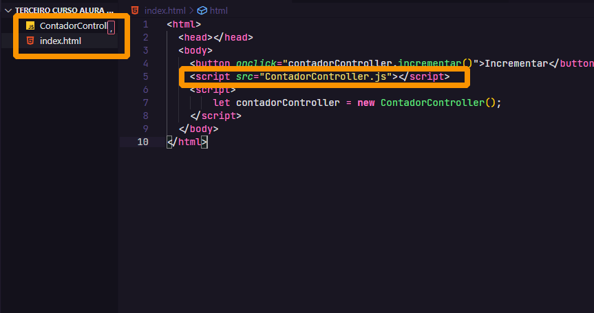 demonstrando que a tag script que importa o arquivo ContadorController.js deve estar antes do script que instancía a classe, e demonstrando que o arquivo javascript e o arquivo html deve estar na pasta raiz do projeto