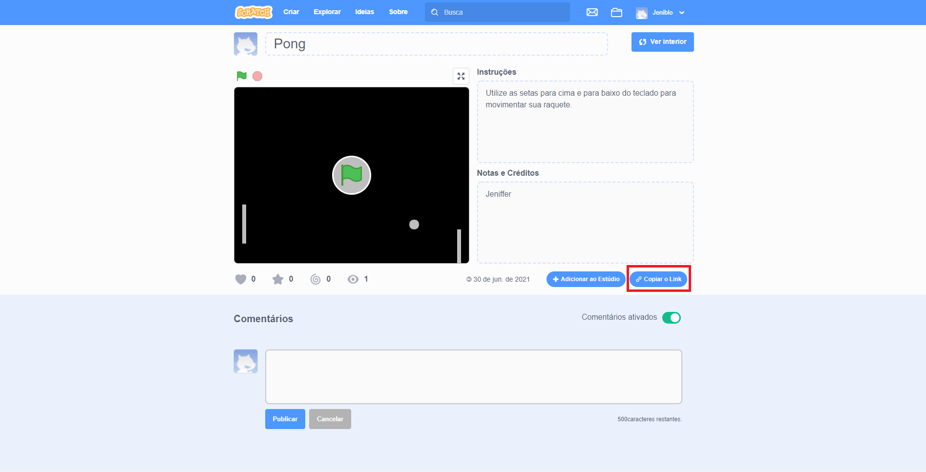 indicação do botão copiar link na área de projetos compartilhados