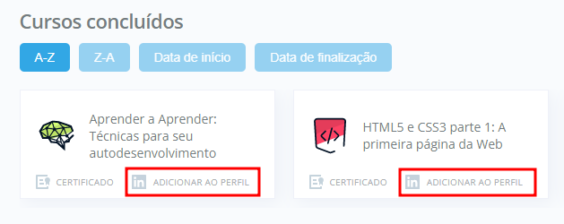 Indicação da opção adicionar ao perfil nos certificados