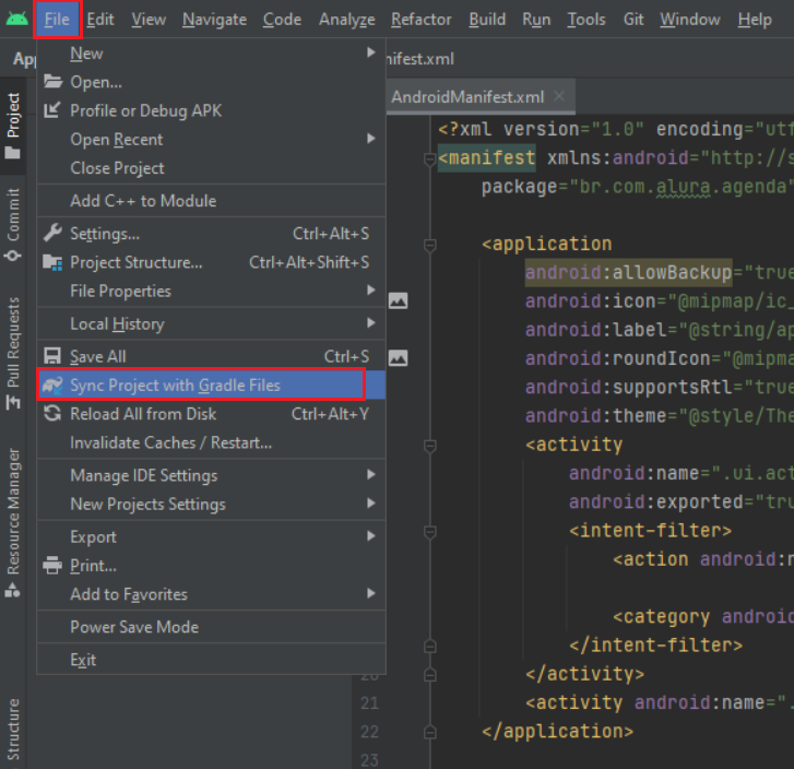 Indicação da tela de trabalho do Android Studio indo na opção File no menu superior e depois na opção Sync Project with Gradle Files