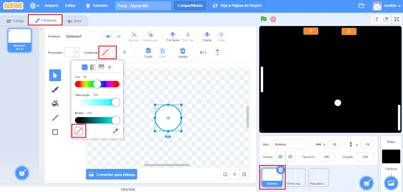 print do scratch com indicação do caminho para retirar o contorno do ator bolinha