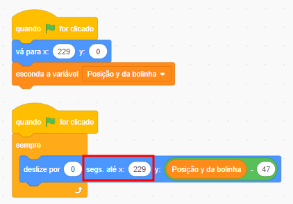 Indicação dos blocos de código de posicionamento da raquete do oponente com o valor de x em 229