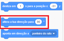 código do scratch exibindo a caixa altera a tireção para