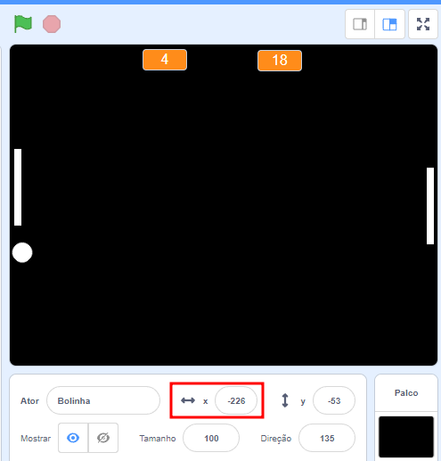 Indicação de onde verificar o valor de x de onde a bolinha está