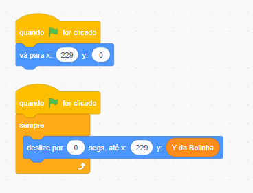 Código com o posicionamento de x da raqueteBOT em 229