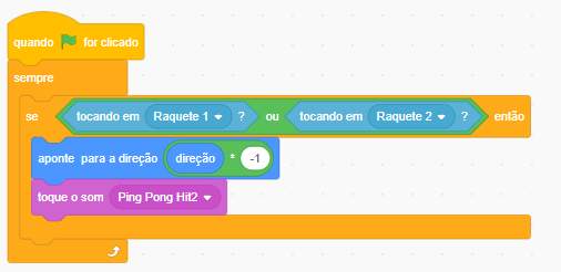 Código com posicionamento da bolinha após tocar nas raquetes