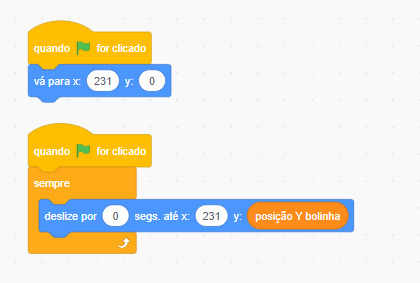 Código de posicionamento da raquete2 com x=231 e y=0