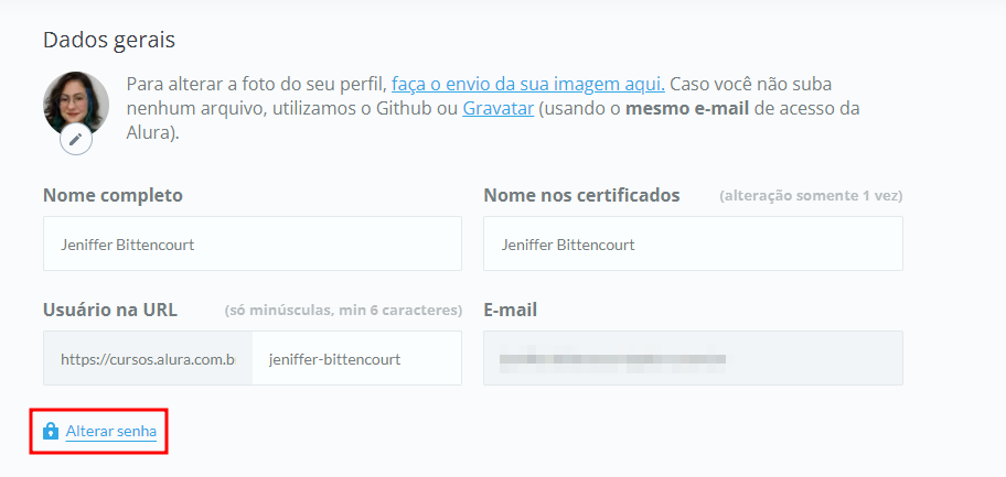 Indicação de como aparece a opção de alterar senha na edição do perfil